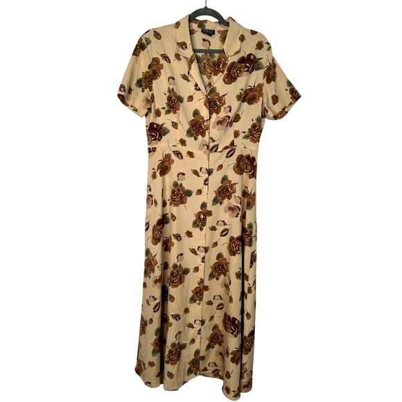 Vintage 90s NY&CO 12 Silk Floral Button Front Midi Dress Short Sleeve Brown Tan - Picture 1 of 5